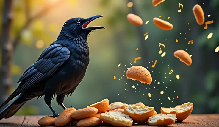 The crow beginning to sing, with its beak open and eyes closed in delight, as the bread starts to fall.