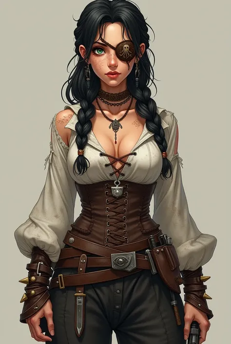 A fierce, average-looking female pirate with vikking-braided black hair adorned with beads, jewelry, and talismans. One almond-shaped green eye, the other covered by a brown leather eye patch engraved with an octopus. She has a slender nose, full lips, and...