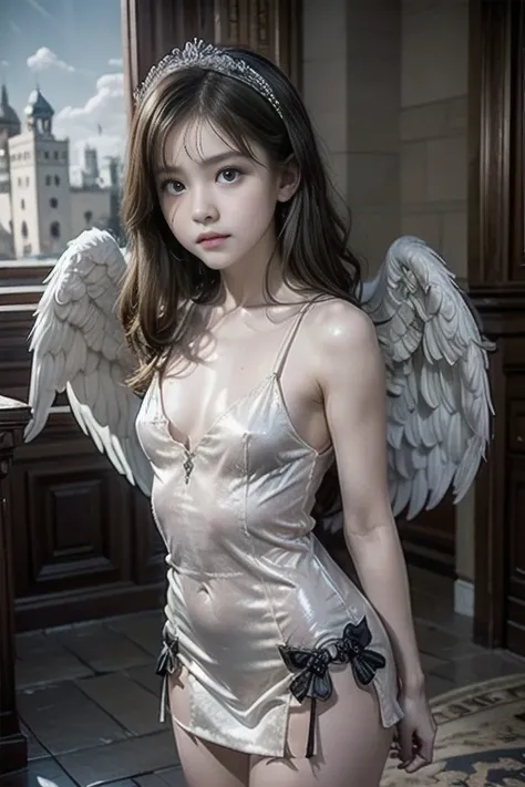 8K, Raw photo, Photorealistic, (Detailed skin, Best Quality:1.2), (Angel wings), ((armored dress)), (((Small chest:1.1))), (Silver long hair:1.3, short bangs), Teenage girl in the church, (Baby face:1.1, Neat face, Fairer skin), thighs, A translucent white...