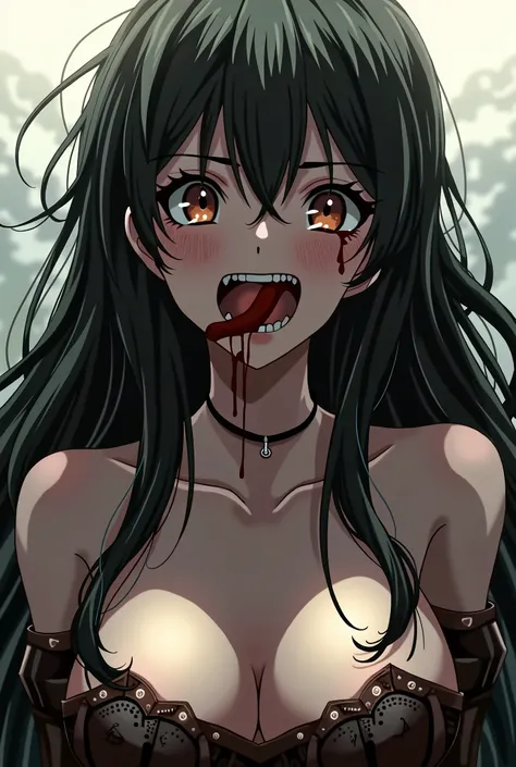 From Behind, 1girl, Breasts, Long Hair, High Resolution, Damaged, Open Mouth, Tongue, Tears, Mouth Hold, Ahegao, Anime Style, 