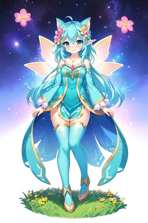 there is a picture of a cartoon character with a flower on it, elf girl wearing an flower suit, official art, full art, space flower fairy, cute detailed artwork, full color drawing, cute art style, illustration pokemon, rossdraws 2. 5, full art illustrati...