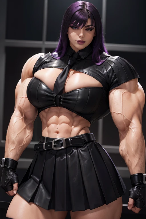 ((Close-up)), tall, (violet purple hair) beautiful muscular woman, long hair with long bangs, pale white skinned, closed smile, large breast, (black lipstick), (massive muscles), (hyper muscle), (((ginormous bulky muscles))), black eyes, ((((black leather ...