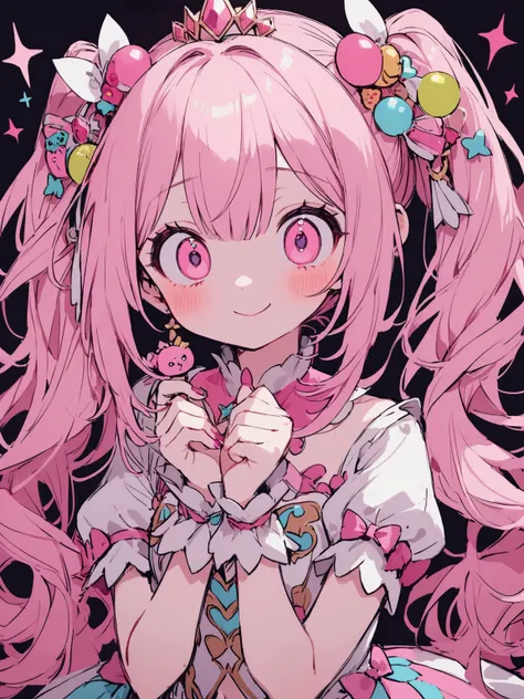 Perfect quality, fantasy game character, long Pink hair, cute face, big expressive eyes, pink eyes, pigtails, long bangs,  short revealing kawaii princess clothes, lots of accesories