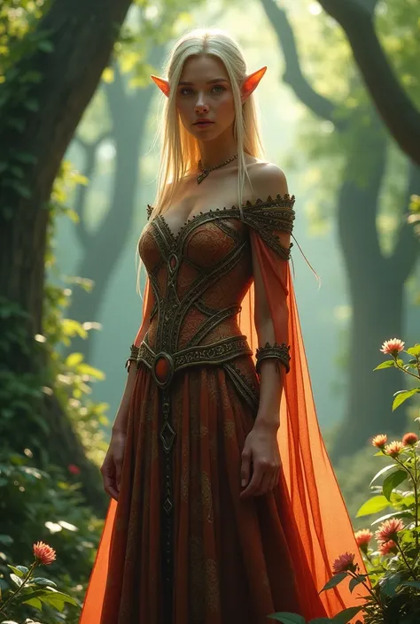 an elf with straight blonde hair, clear eyes, witch in long dress