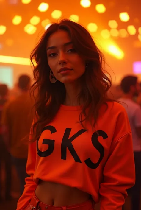 woman at the club with orange clothes with gks written on them and orange lights