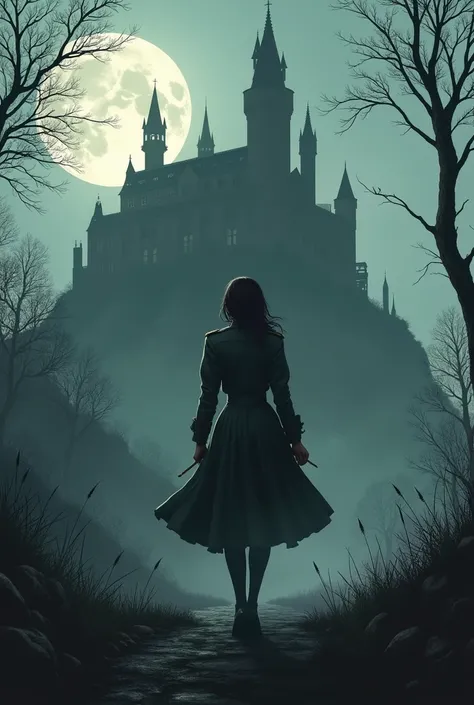 Create an image of a female soldier with a letter in her hand and a determined look, behind her a vampire castle where her new family lives 