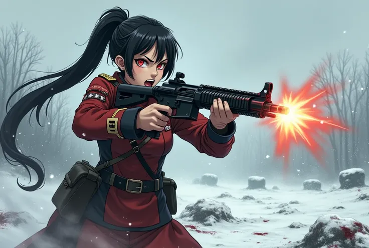 Japanese, female, commander, with blood-stained clothing of the 2. World War, long Japanese ponytail, red eyes and evil laughing and at the same time dark facial expression, with a gun, mit bayonet, that fires a shot at the enemy, where man sees the bullet...