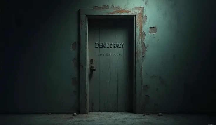 A door with the following text: democracy, with a dark aura and a somewhat old door