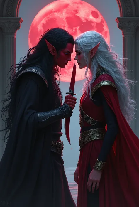 a blood elve boy with red skin, pink eyes, and long black hair holding a dark red knife up to a dark elve boy with dark gray skin, dark purple eyes, and long silver hair up against his neck in a chapel that has the blood moon shining through the windows