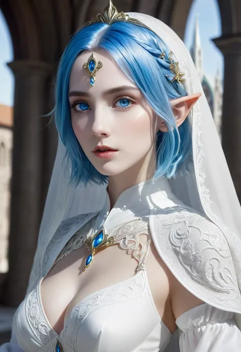 (Best Quality)、(Surreal)、(Blue Hair)、(((Short Hair)))、(blue eyes）、Highly detailed face、（Perfect Eyes）、Perfect hands、Perfect Proportions、1 Elven priestess, Wearing a white veil, Wearing a milky white robe, He wears thin, light armor、He has a long sacred sta...