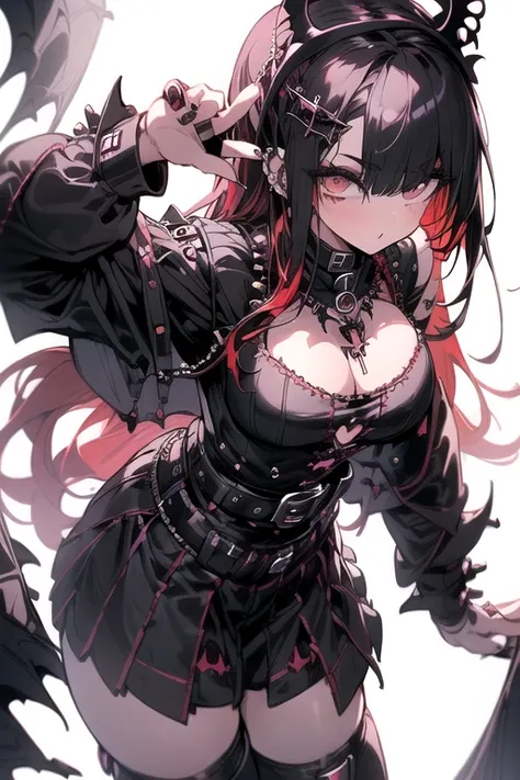 (Best Quality,Precise depiction,Accurate body depiction,Detailed Costume,Precise Background),Japanese anime style,(2 people,beautiful girl),Beautiful breasts,Normal chest:1.3,(Gothic Punk:1.8),(Black Hair:Red Hair:1.5,Long Hair:1.3),(jacket,camisole,Red ch...