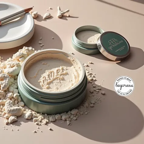 High-quality product shot of a cosmetic powder container. The container is circular with a metallic silver finish and a green plastic lid, showcasing the finely milled powder inside. The lid has elegant, minimalist text in a modern sans-serif font, with th...