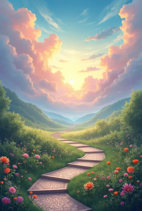 Sky background with stair path with flowers 