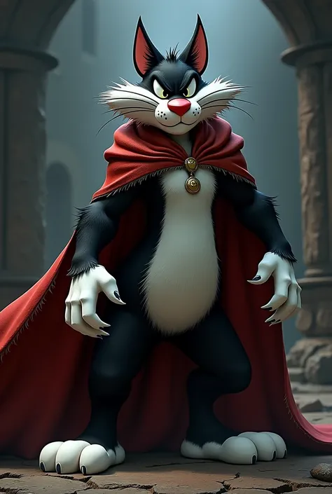 Gato Sylvester looney toons con capa, that looks like a boss from a game.