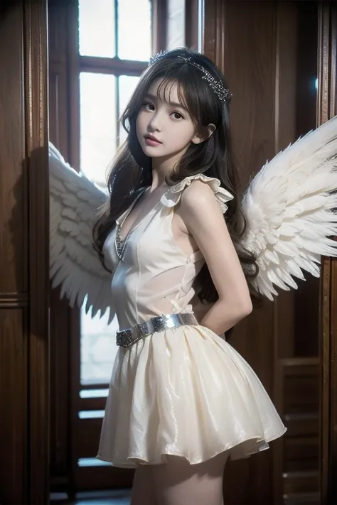 8K, Raw photo, Photorealistic, (Detailed skin, Best Quality:1.2), (Angel wings), ((armored dress)), (((Small chest:1.1))), (Silver long hair:1.3, short bangs), Teenage girl in the church, (Baby face:1.1, Neat face, Fairer skin), thighs, A translucent white...