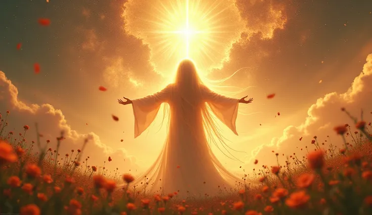 Girl with Long Hair of Unearthly Beauty Shining Dusty Clothes That Cover the Whole Body Deity of Emptiness, Against the Background of the Heavens and the Galaxy, he spreads his arms and Gives Warmth to everyone, on Earth People are Rejoicing and Happy Flow...