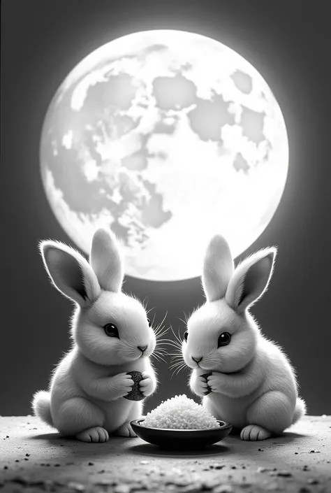 monochrome, pencil drawing, huge full moon, two kawaii rabbits pounding rice cakes, shining light reproduced with shadows effects, delicate and dynamic textures, contrasts of light and shadow, 2.5D, artistic photography, hyper realistic, digital graphic CG...