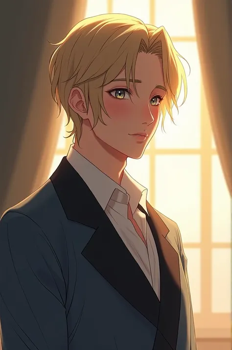 Alone, a handsome young man, prince, Short Hair, exquisite anime style illustrations. blonde hair, gentle style, blush, with a dreamy look, slightly absent-minded expression, capture a quiet moment of contemplation