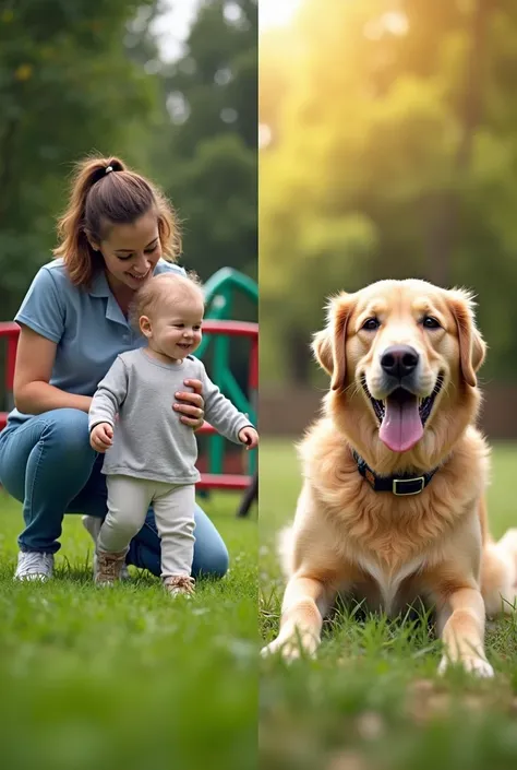 Garde dEnfants et Animaux : Un collage illustrant une nounou soccupant dun enfant qui joue, and a dog walker with a happy pet in a park. Realistically for my janitorial business 