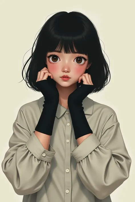 An American girl with Bob haircut and wearing oversized shirt with black hand sock.