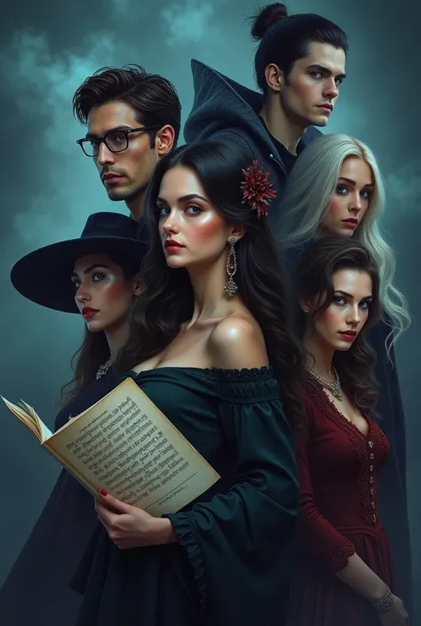 Create a mysterious image of some characters: 
1: A  good  looking male reporter wearing glasses 
2:A female beautiful writer
3:A female beautiful music composer 
4 A female  beautiful witch
5: A good looking male vampire 
Make a combine image of these cha...