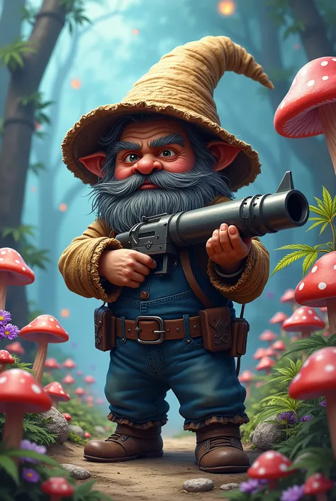 A older gnome with a blackish and brown hair holding a R.P.G. wearing blue bib overalls and a straw type hat like a boonie hat with psychedelic background with mushrooms and marijuana