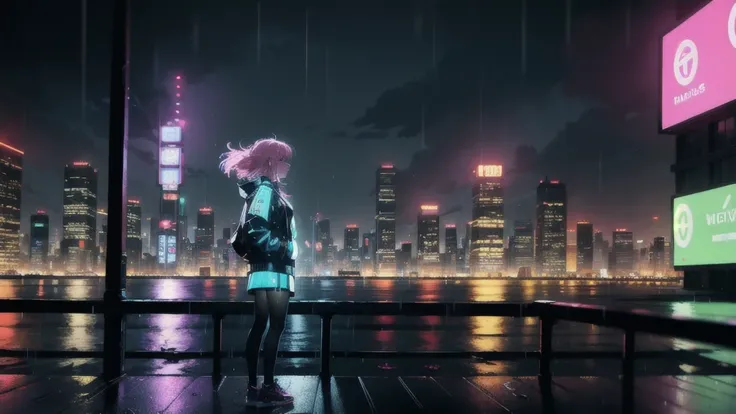 (UHD, masterpiece, high quality, high details, 16k), A futuristic cyberpunk city glowing with neon signs, towering skyscrapers, and hovering vehicles. The scene is lit by deep blues, purples, and pinks from neon lights, with rain softly falling, reflecting...