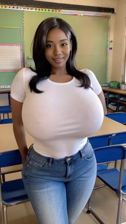 ((classroom:1.4)),（Best Quality,8K,Raw photo,Realistic,High resolution:1.2),(erotic curvy African mother）(gigantic huge breasts),(t-shirt),jeans pants,look horny,),((embarrassed erotically)),(((be shy erotically))),upper body ,(tight fit),,,(looking),looki...