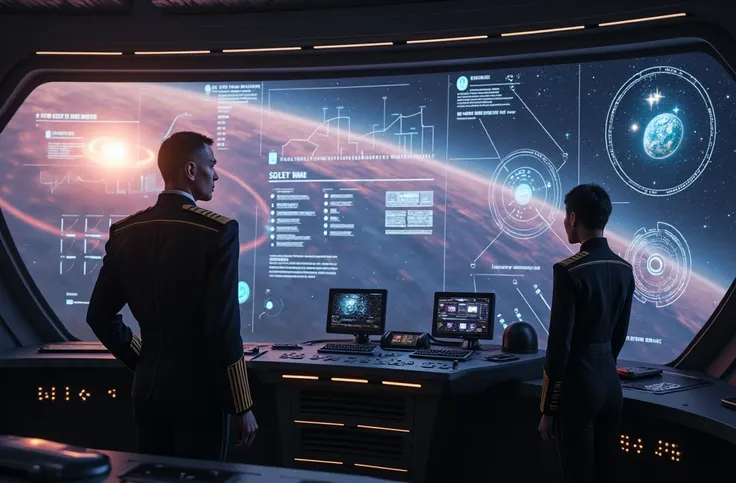 "The bridge is illuminated by the soft light of holographic screens floating in the air., displaying constantly moving data and graphics. The captain, standing in the center, He looks at the galaxy with a mixture of admiration and determination, while his ...