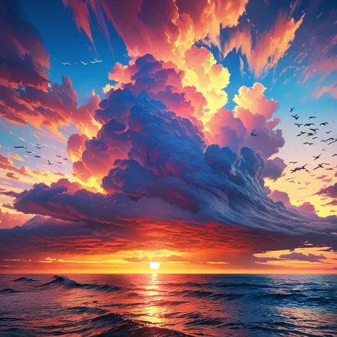 A sky and sea with a colorful gradient, dramatic clouds, detailed ocean waves, birds flying, sunset, vibrant colors, cinematic lighting, serene and peaceful atmosphere, photorealistic, 8k, hyper detailed, work of art, landscape, highly detailed, bright sun...