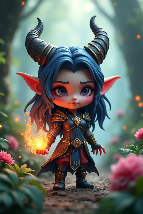 Mrs witch, Demon, dragon, Element, warrior as chibi figure in the enchanted forest