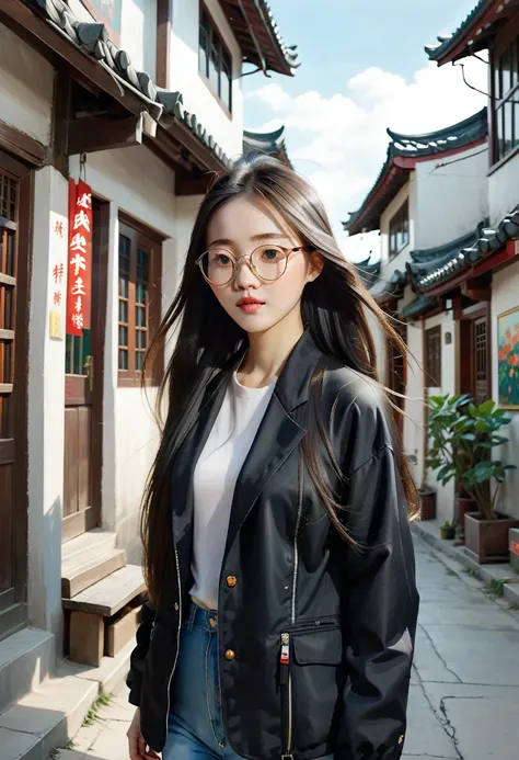 Girl standing outside, Wearing glasses, Wearing a black jacket, ((Long Hair)), Paintings inspired by Zou Jie, Tumbler, realism, Chen Xintong, Around 1, Qi Chao Wan, Huang Huifeng, Jeron Hsu, Zhang Xiaofan, Zhangpeng Town, Mongen, Yi Haoren, Zhezhou Chen.