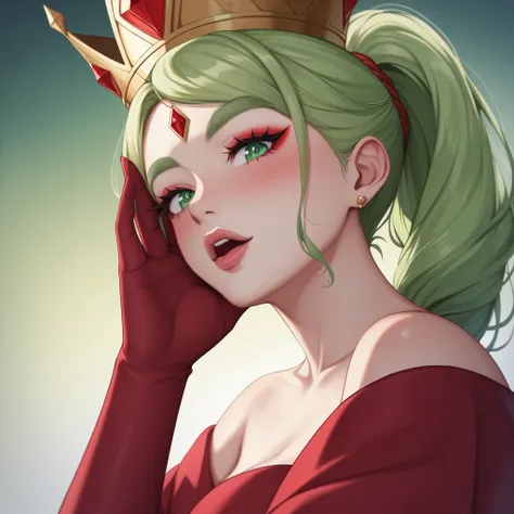 (Highest quality, masterpiece:1.2), High resolution, Very detailed, Realistic:1.37, Fantasy, An illustration, Green Eyes、Queen, Red dress.Platinum decoration、beautifully、Eyeshadow Red、Thick eyebrows、Long eyelashes、pupils are black、Her hair is light green、G...