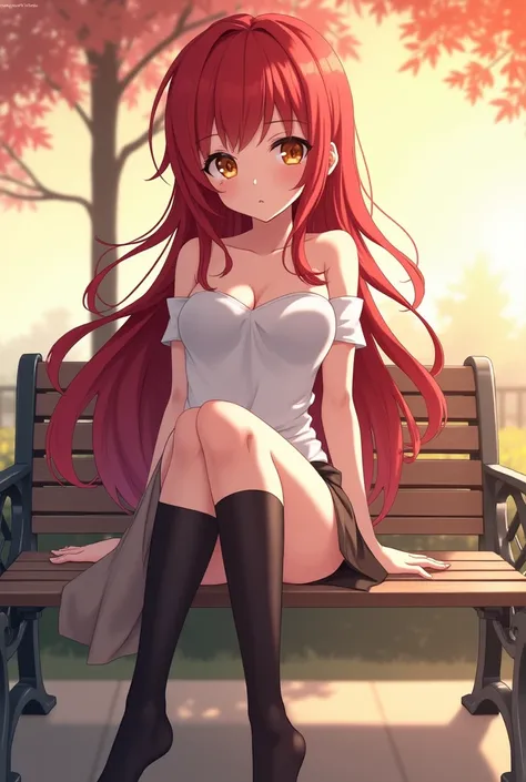 Beautiful anime female character with red hair and orange eyes in miniskirt and long black socks sitting on bench 