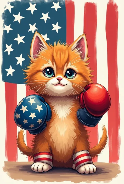  image dessin pour une ado carte danniversaire avec un chaton maine coon  trop mignon qui à des gans de boxe avec les état unis en arrière plan