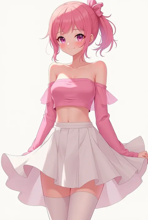 Femboy A delicate man resembling a woman, wearing white stockings that reach his slightly plump thighs, a pink crop top, and a white skirt. Anime images 