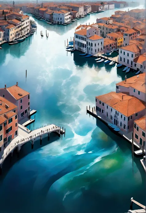 fusion of watercolor and acrylic drawing, landscape painting of Venice, the city of water, cooling off in the clear, beautiful water, mist effects, smear effects, iridescent dust sparkle effects, conceptual installation art, high and fine artwork, delicate...