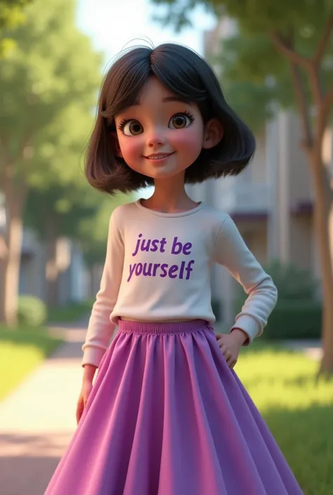 An American 1 girl with Bob haircut and wearing long sleeves shirt with text "Just Be Yourself" also wearing her iconic purple pink long skirt in realistic style.