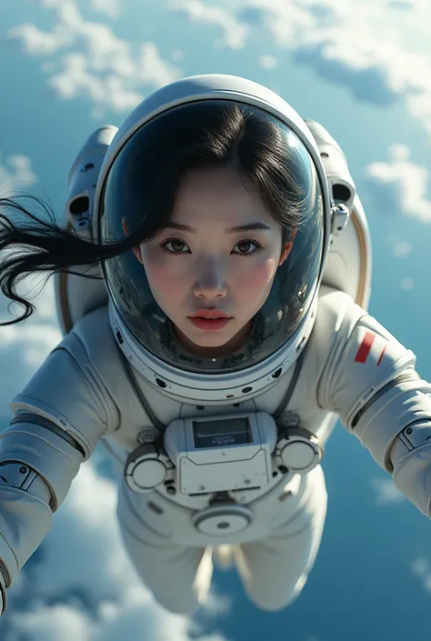 sexy japanese girl in futuristic astronaut suit with helmet free floating in the space, smile and facing the camera, whole earth is in the background, realistic image