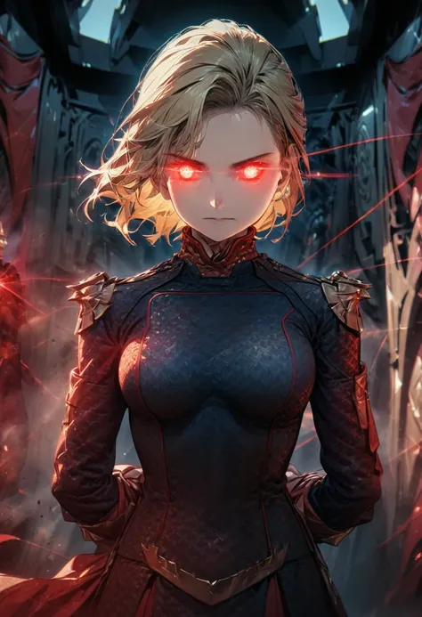 a girl,wearing homelander's clothes, best quality full hd ultra 4k max, perfect face, blonde hair,eyes shooting red lasers,stand...