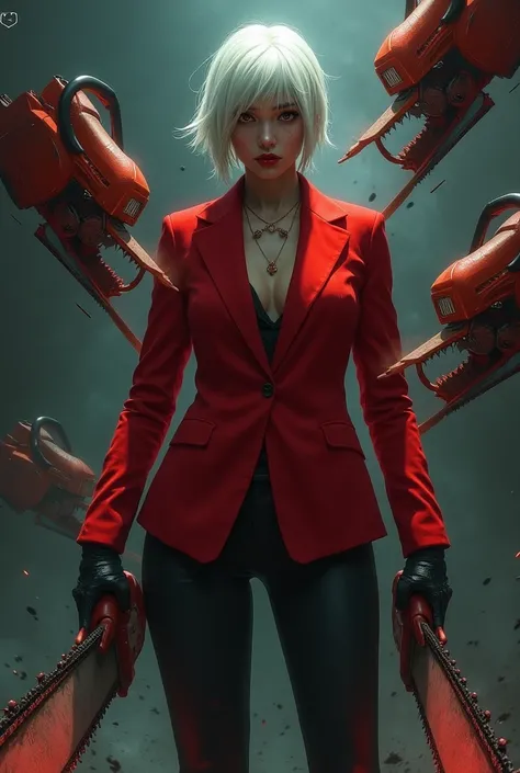 Make me a woman with short white hair in a red blazer holding 1 chainsaw while two chainsaws fly around her