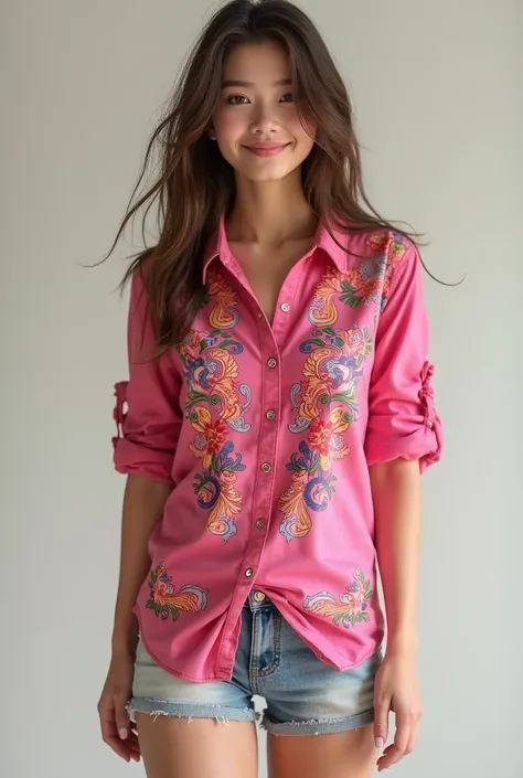 A real girl with pink shirt with beautiful designs with shorts