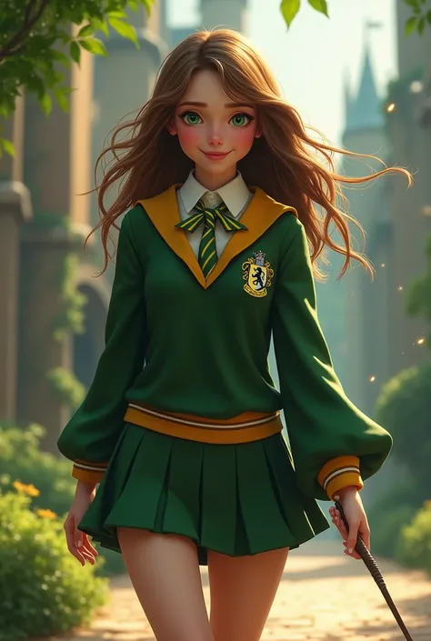 a teenage girl with green eyes and brown hair in a hotter version of Hufflepuffs school uniform from Harry Potter, she is a wizard in a school uniform, wearing short skirt and school shirt, in a park of Hogwarts and holding a magic wand like in Harry Potte...