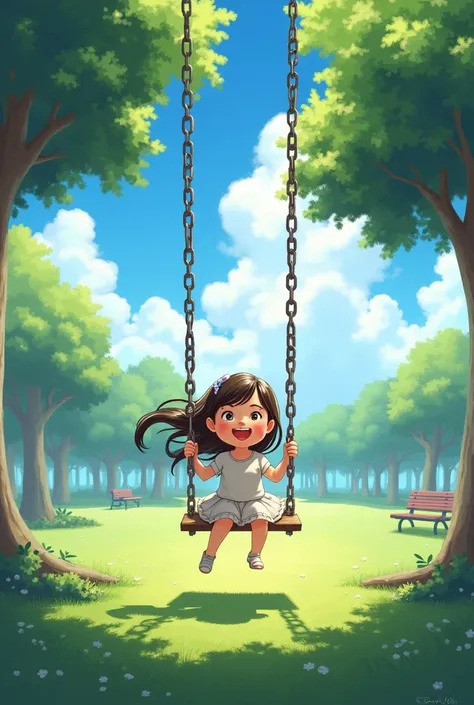 A girl playing on swings in a park in a wide shot 
