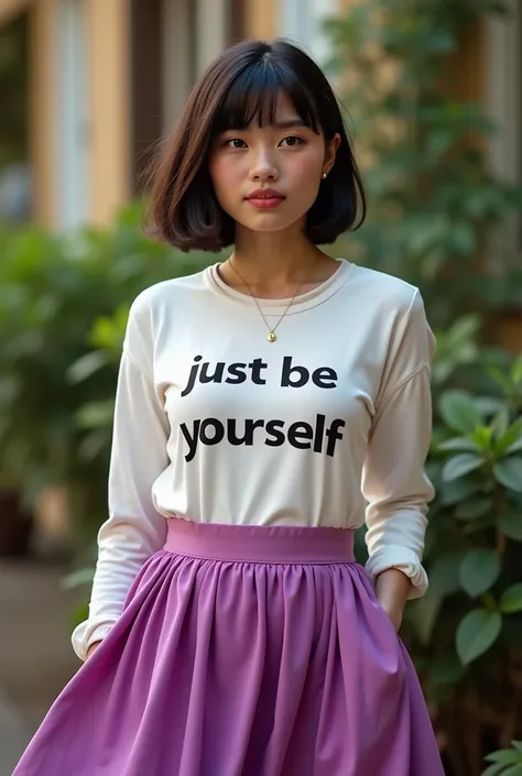 An American 1 woman with Bob haircut and wearing long sleeves shirt with text "Just Be Yourself" also wearing her iconic purple pink long skirt in realistic style.