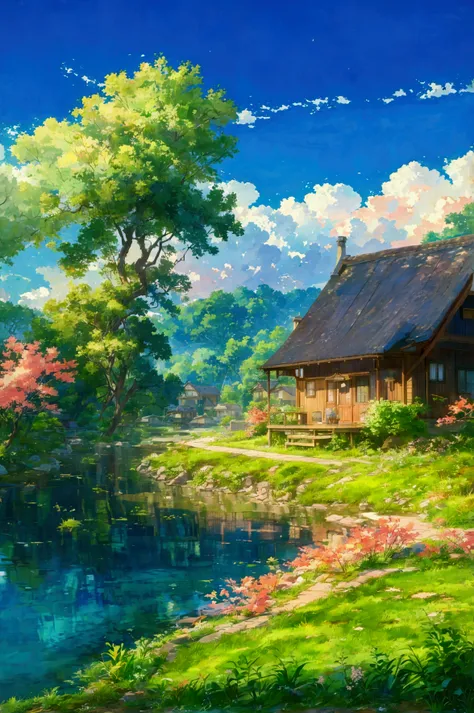 anime scenery of a house by the water with a boat in the water, anime countryside landscape, beautiful anime scenery, anime landscape wallpaper, anime beautiful peace scene, anime background art, anime nature, anime nature wallpap, anime scenery, beautiful...