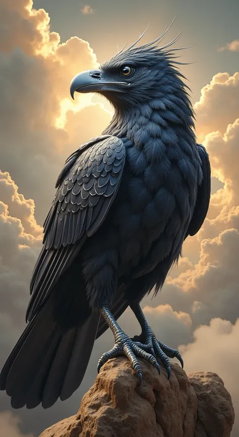 create the most realistic image of a crow mixed with eagle with dark blue feathers and silver details