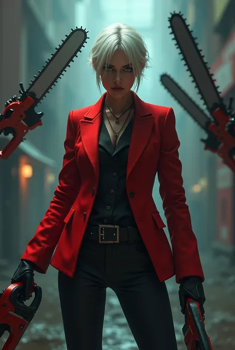 Make me a woman with short white hair in a red blazer holding a chainsaw while two chainsaws fly around her