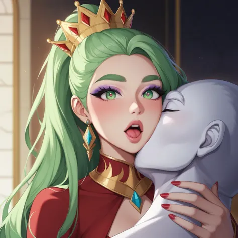 (Highest quality, masterpiece:1.2), High resolution, Very detailed, Realistic:1.37, Fantasy, An illustration, Green Eyes、Queen, Red dress.Platinum decoration、beautifully、Eyeshadow Red、Thick eyebrows、Long eyelashes、pupils are black、Her hair is light green、G...