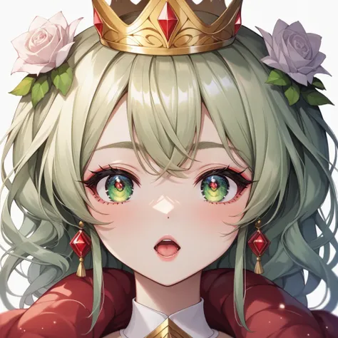 (Highest quality, masterpiece:1.2), High resolution, Very detailed, Realistic:1.37, Fantasy, An illustration, Green Eyes、Queen, Red dress.Platinum decoration、beautifully、Eyeshadow Red、Thick eyebrows、Long eyelashes、pupils are black、Her hair is light green、G...